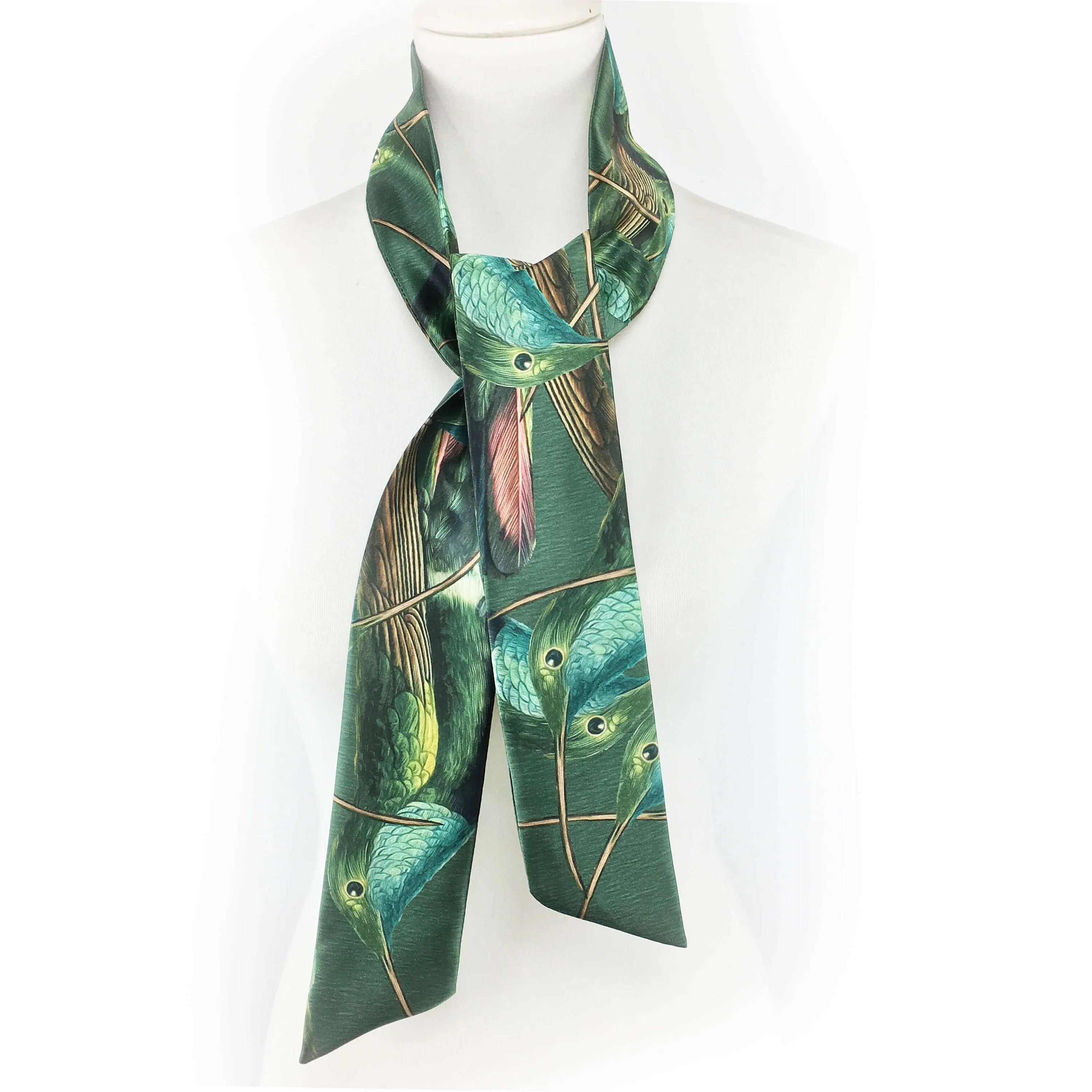 Hummingbirds Scarf,Skinny Scarf,Woman Scarf,All season scarf,Lightweight Scarf,ladies scarf,artist scarf,painted scarf,satin tie scarf