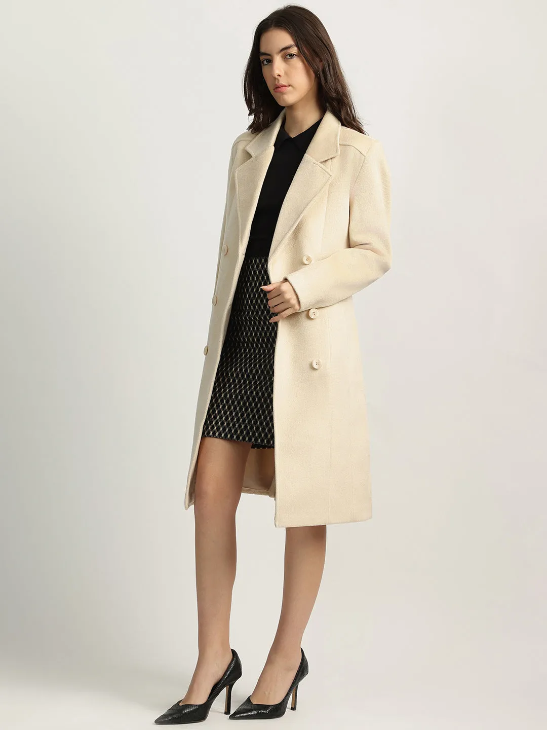 Iconic Women Beige Solid Notched Collar Full Sleeves Double Breasted Overcoat