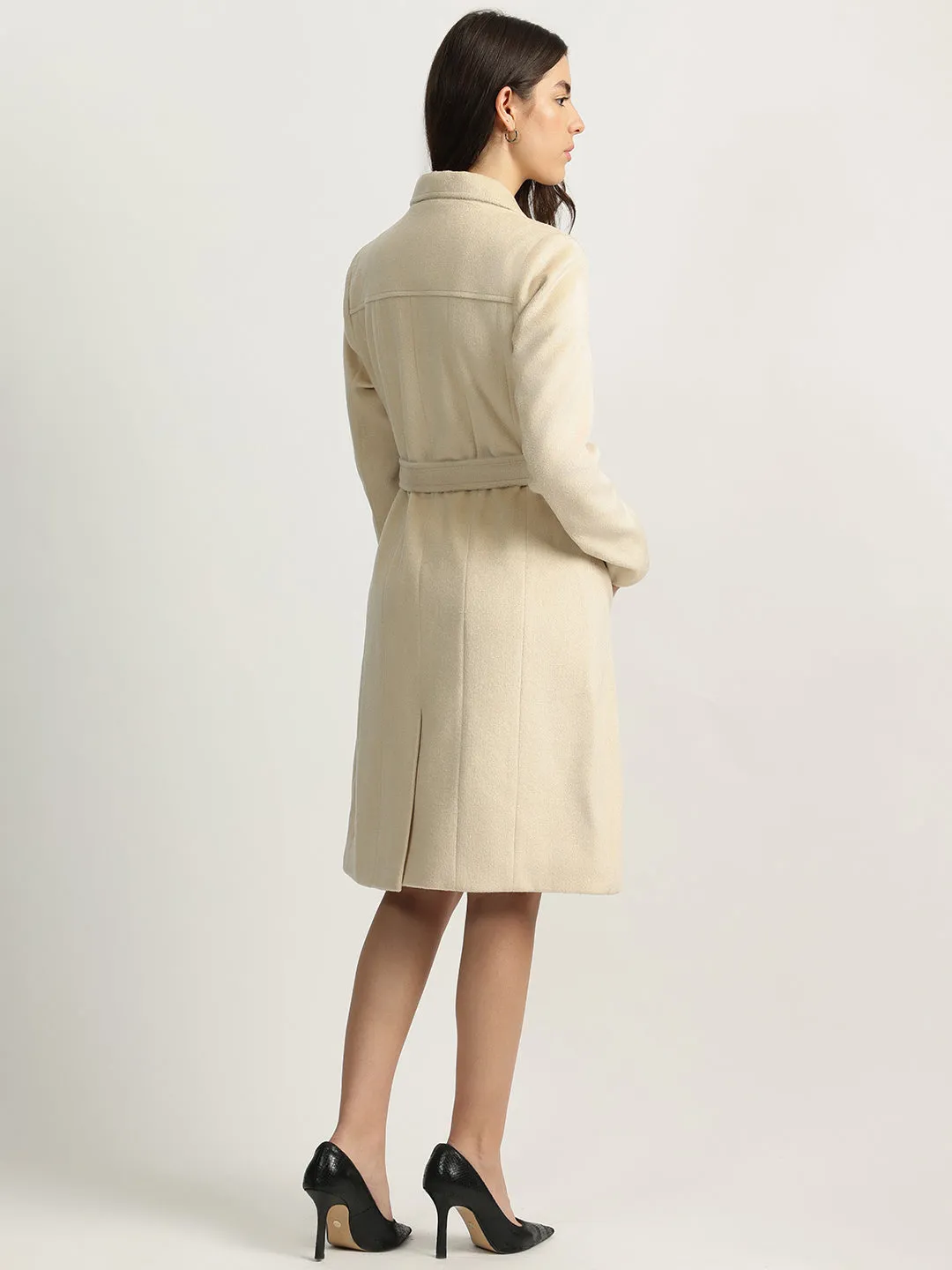 Iconic Women Beige Solid Notched Collar Full Sleeves Double Breasted Overcoat