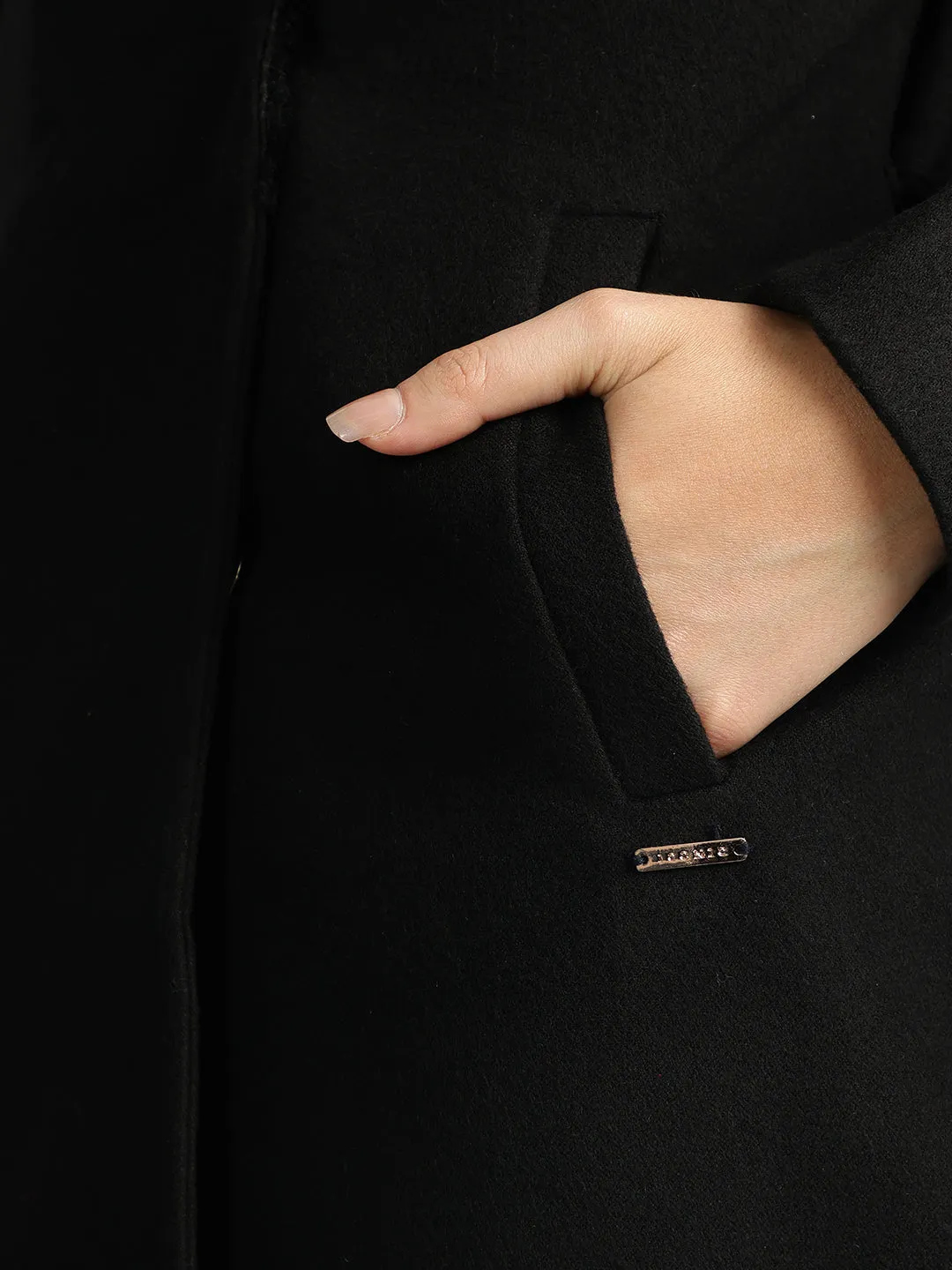 Iconic Women Black Solid Shawl Collar Full Sleeves Overcoat