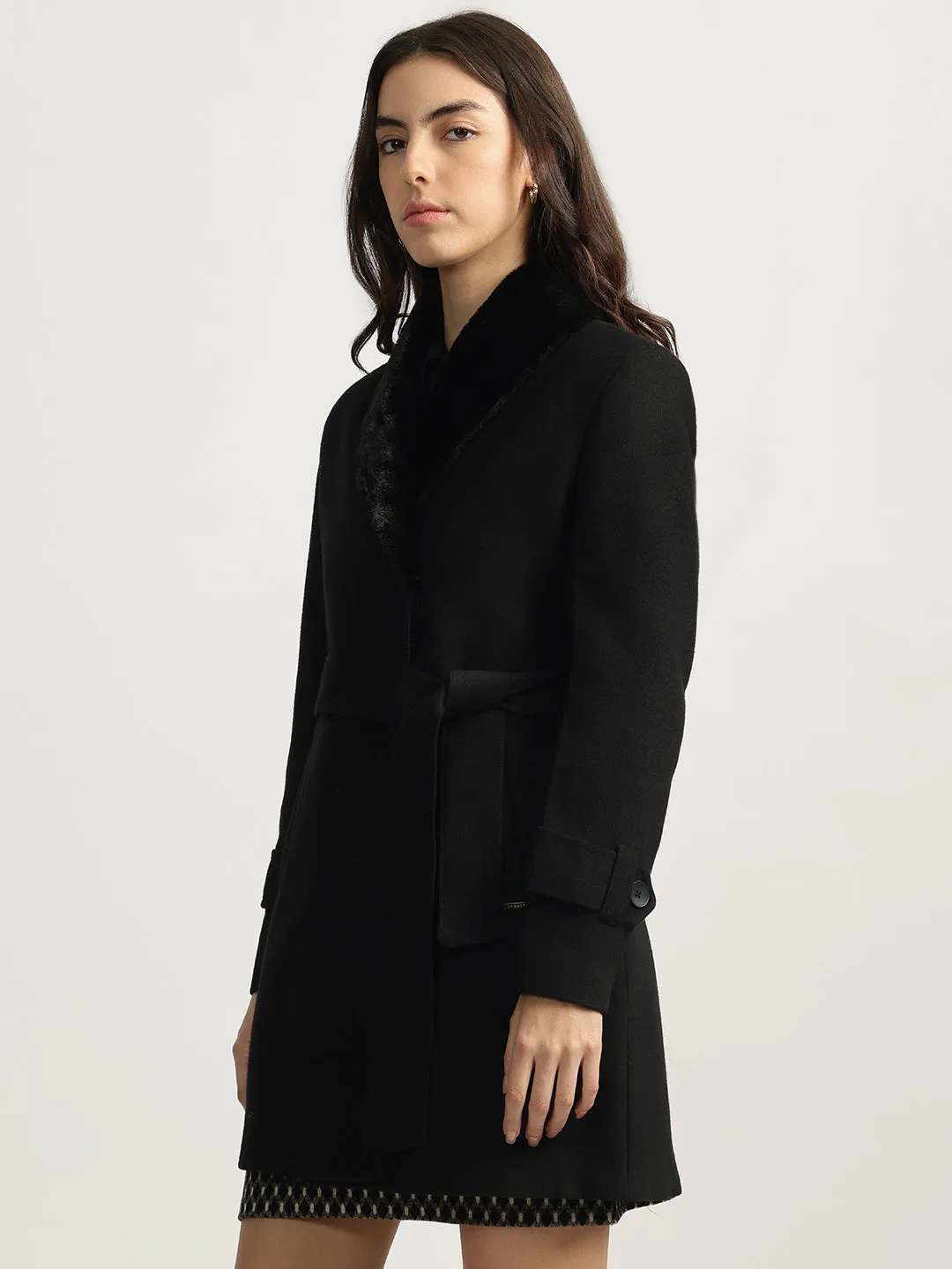 Iconic Women Black Solid Shawl Collar Full Sleeves Overcoat