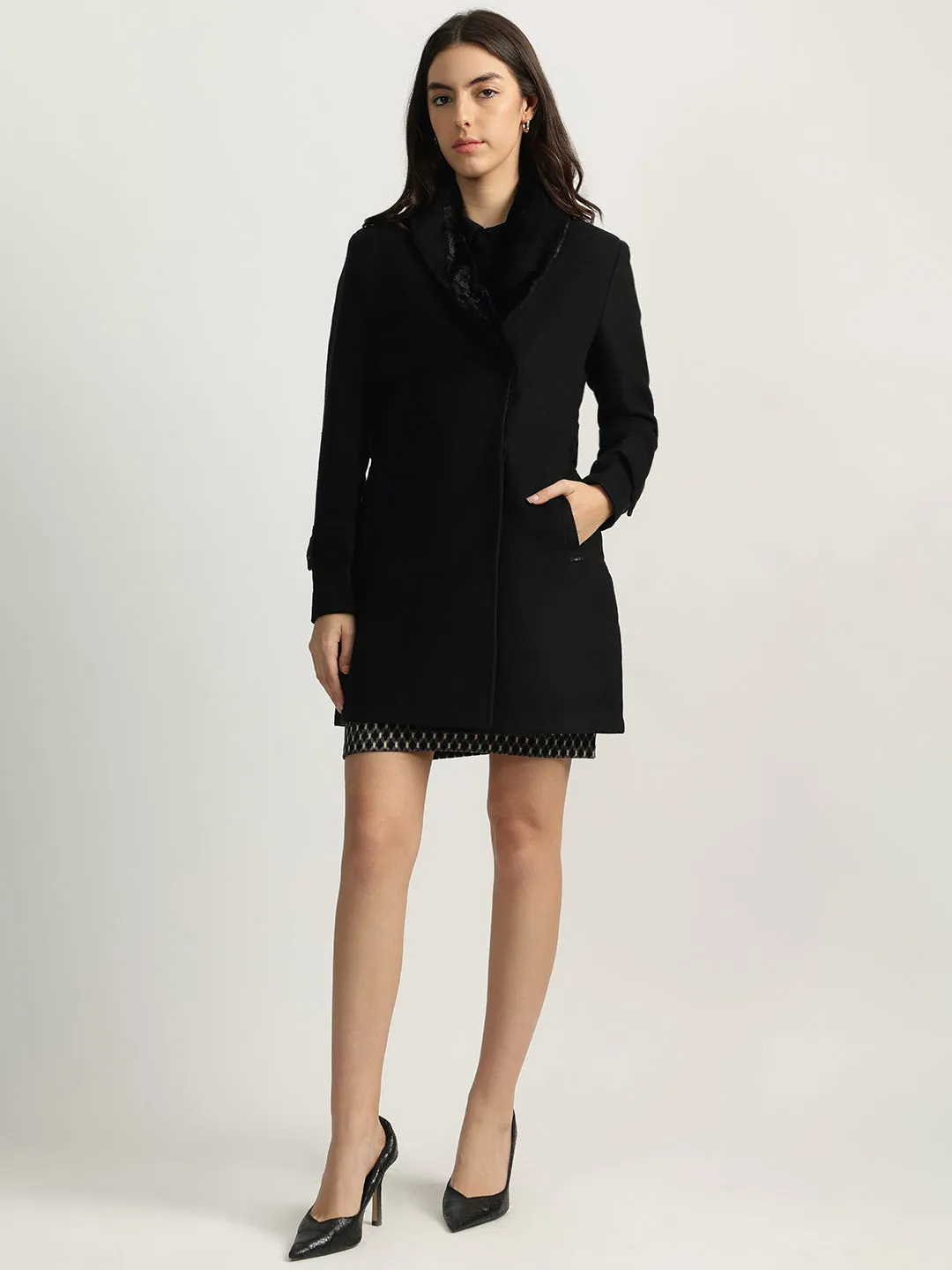 Iconic Women Black Solid Shawl Collar Full Sleeves Overcoat