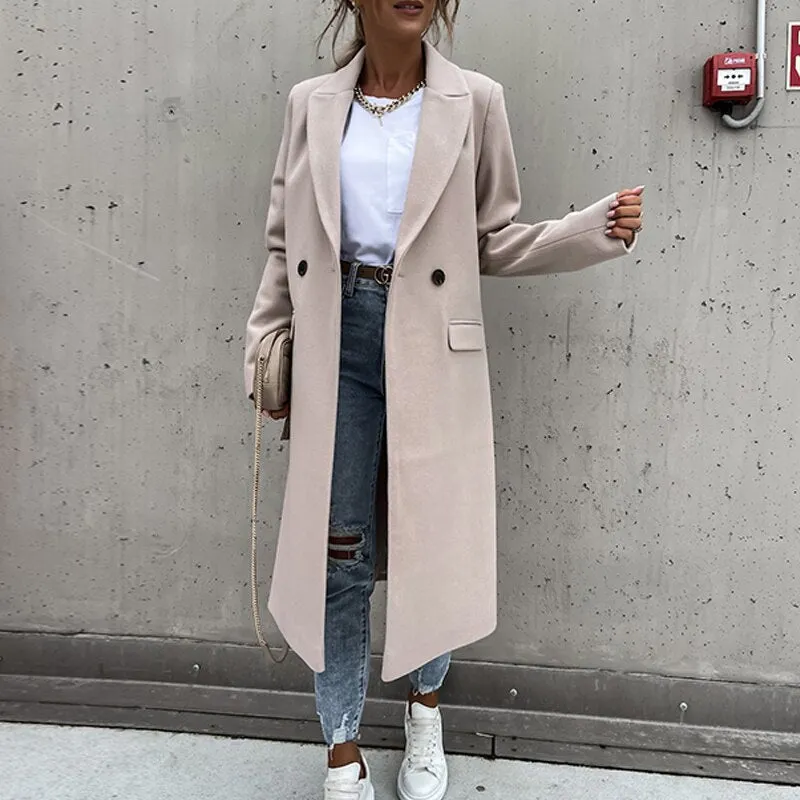 Joskaa New Fashion Elegant Women Long Overcoat Autumn Winter Turn-Down Collar Woolen Coat Tops Office Lady Casual Loose Outwear