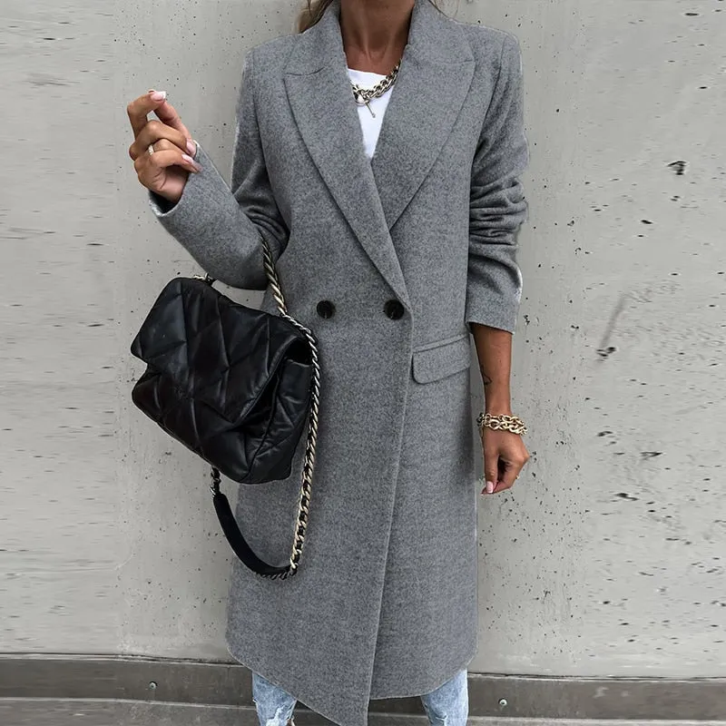 Joskaa New Fashion Elegant Women Long Overcoat Autumn Winter Turn-Down Collar Woolen Coat Tops Office Lady Casual Loose Outwear