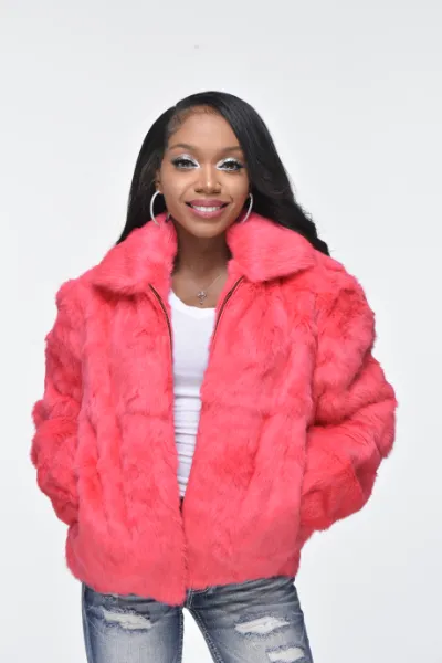 Ladies Rabbit Hooded Bomber Jacket - Pink