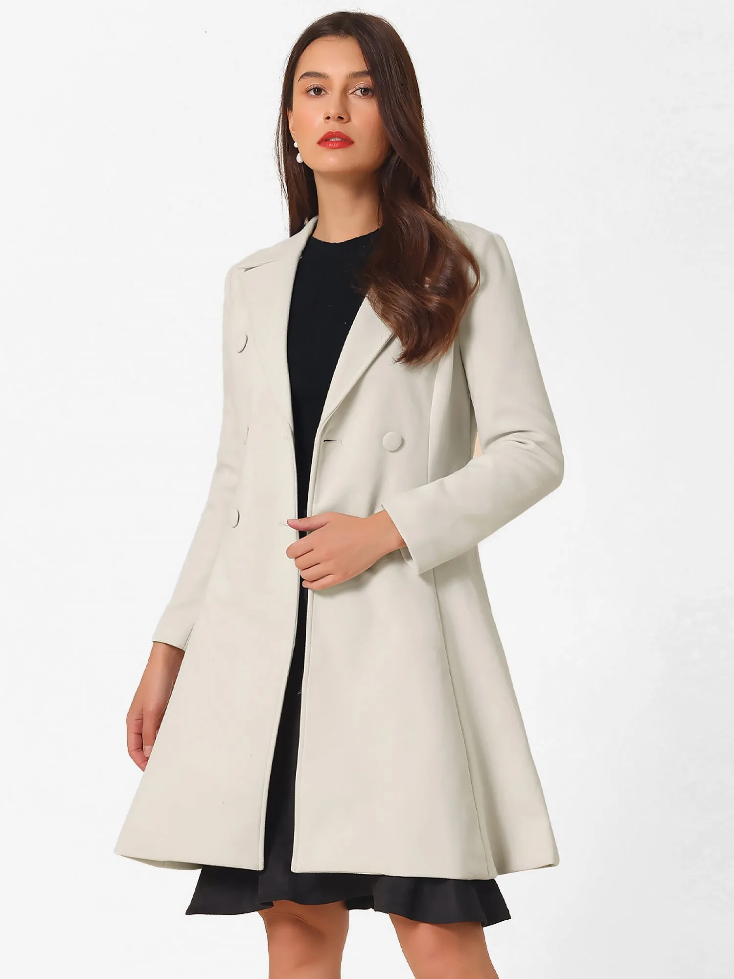 Long Winter Notch Lapel Collar A-Line Double Breast Coat