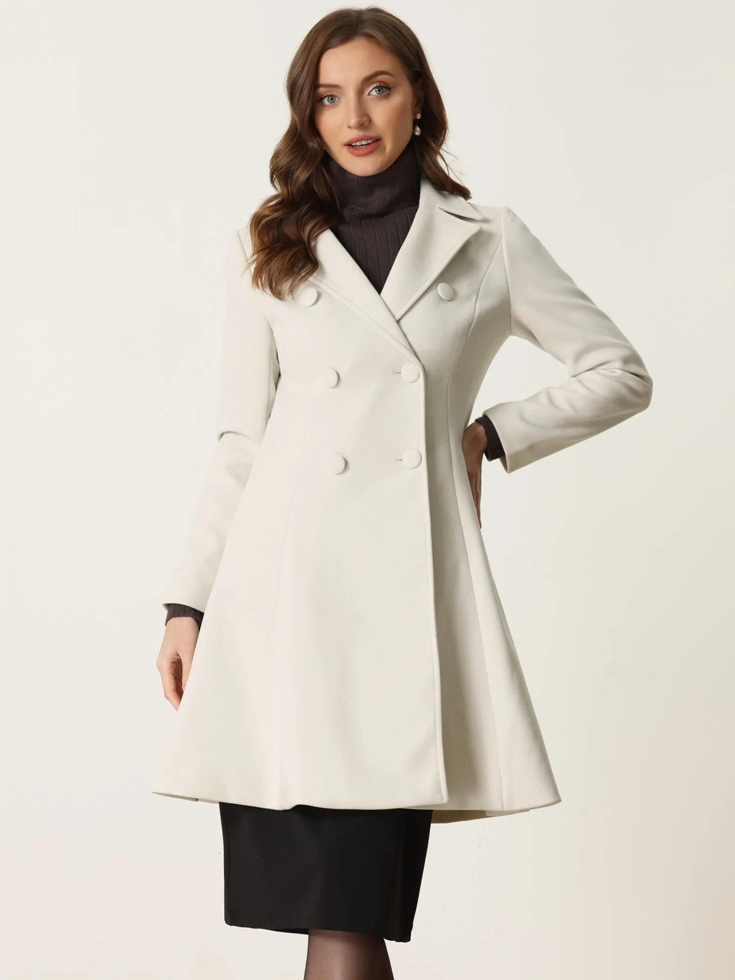 Long Winter Notch Lapel Collar A-Line Double Breast Coat