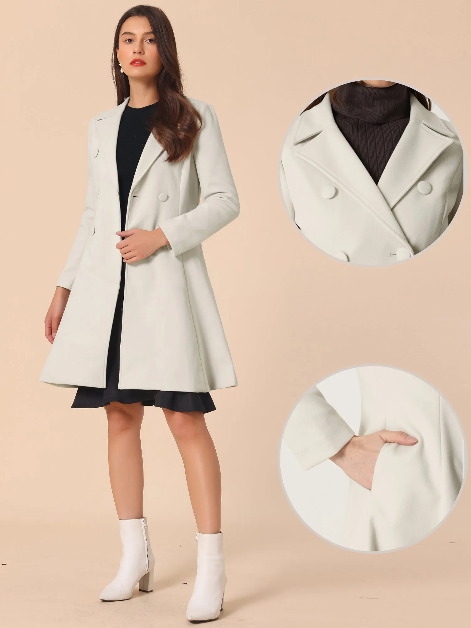 Long Winter Notch Lapel Collar A-Line Double Breast Coat