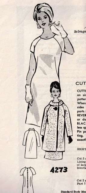 Mail Order 4273 Womens Half Size Raglan Sleeved Coat & Dress 1960s Vintage Sewing Pattern Bust 35 inches