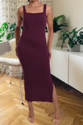 Maroon Rib Bodycon Slit Dress