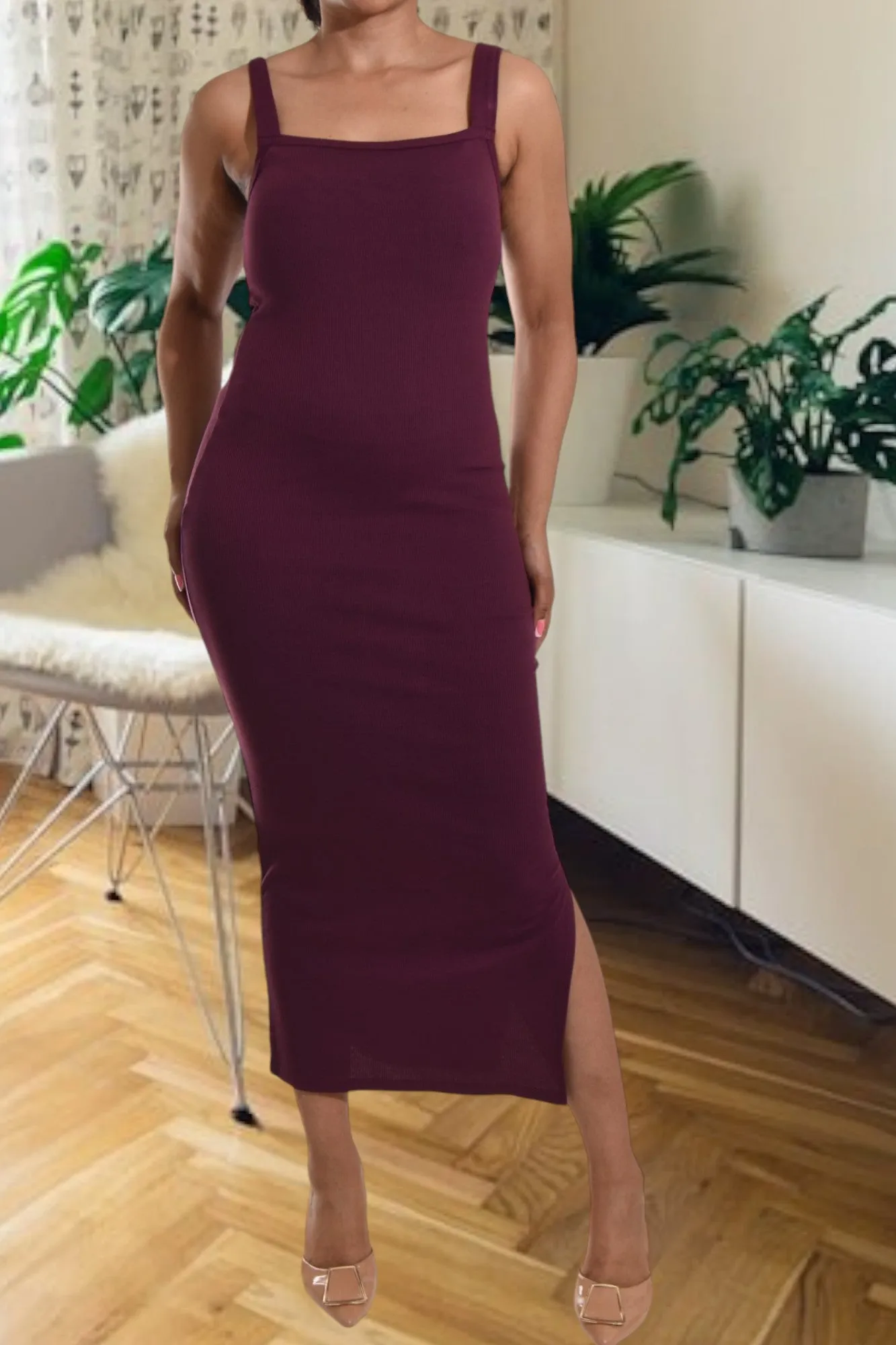 Maroon Rib Bodycon Slit Dress