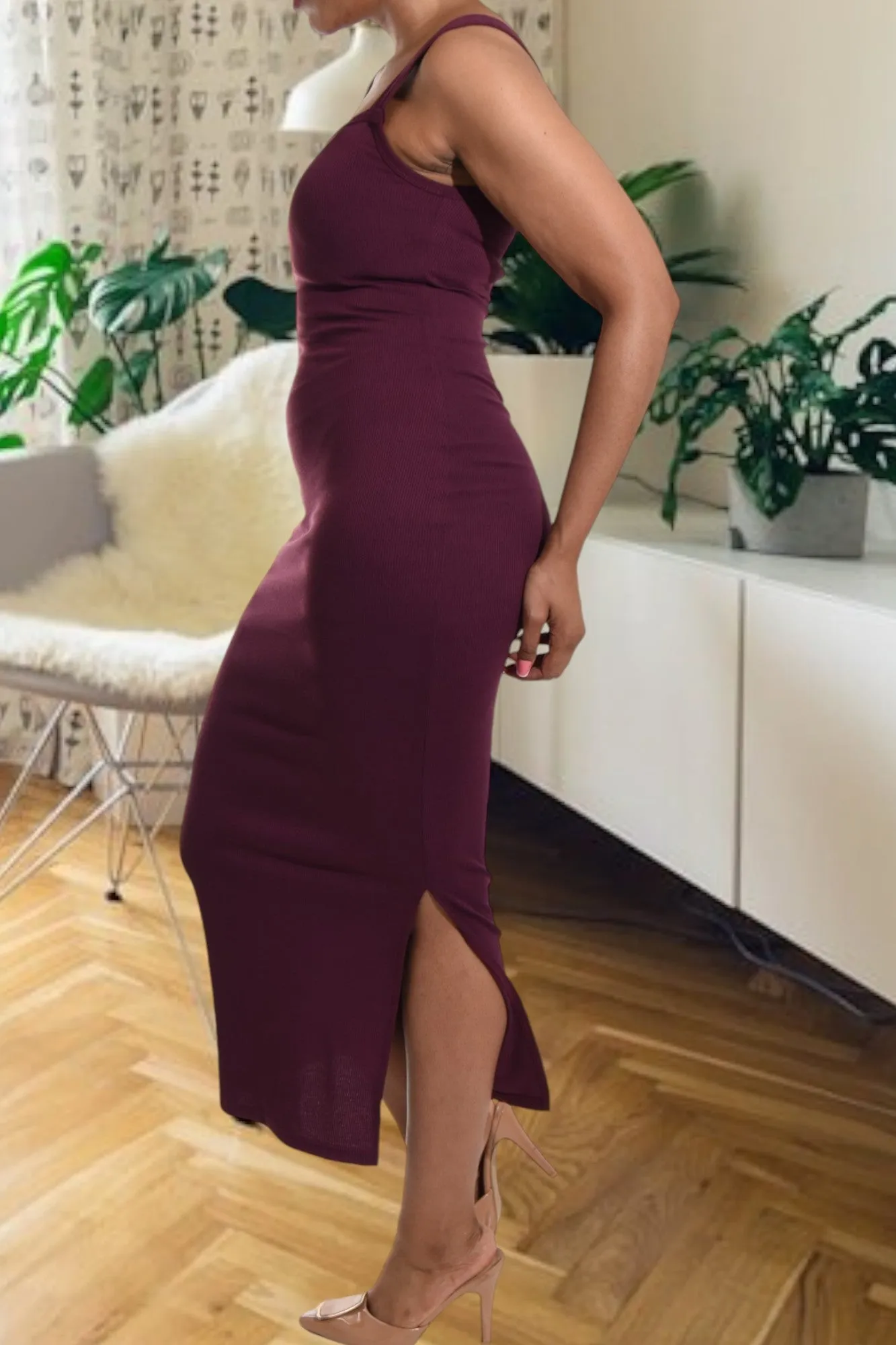 Maroon Rib Bodycon Slit Dress