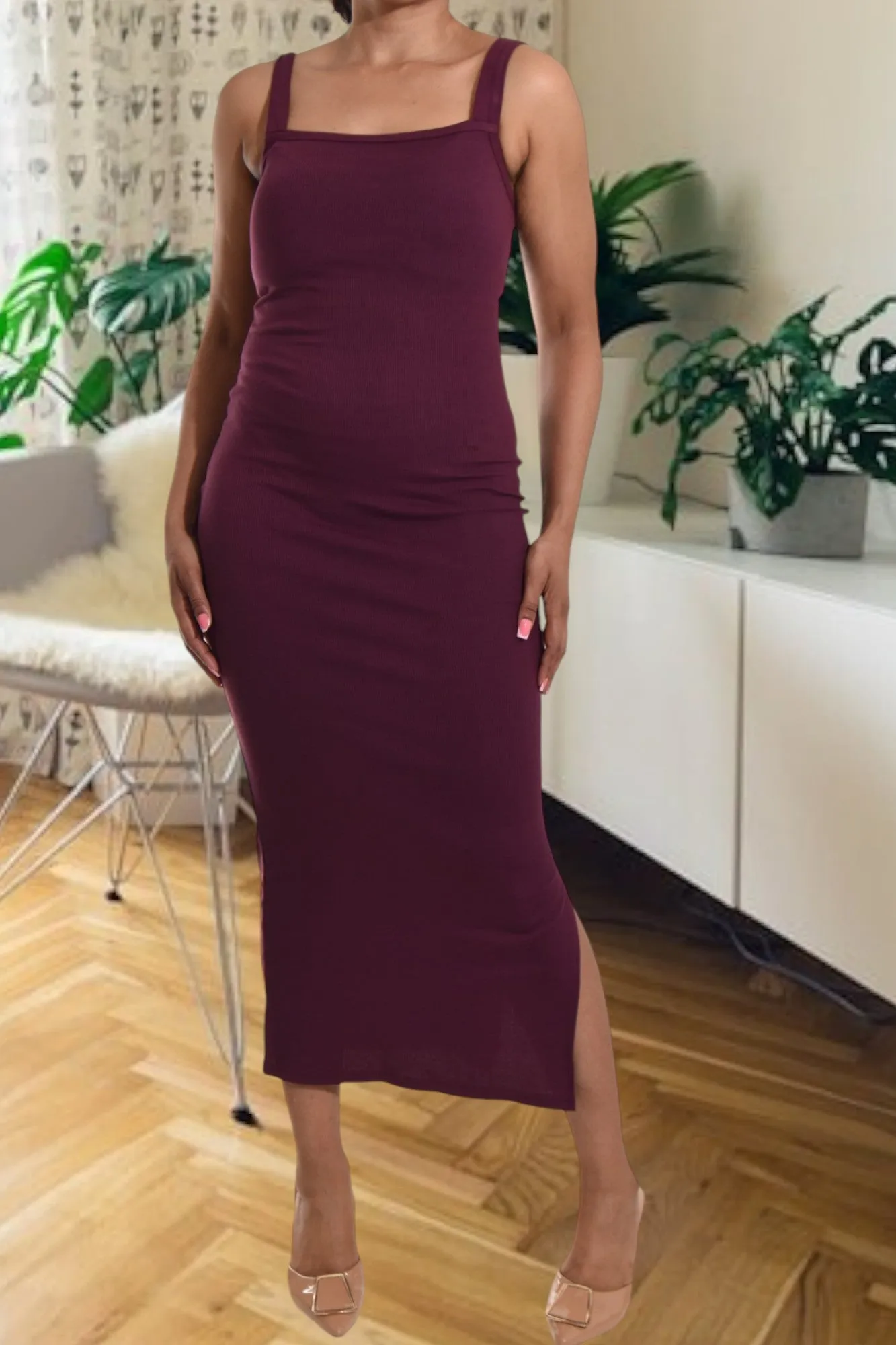 Maroon Rib Bodycon Slit Dress