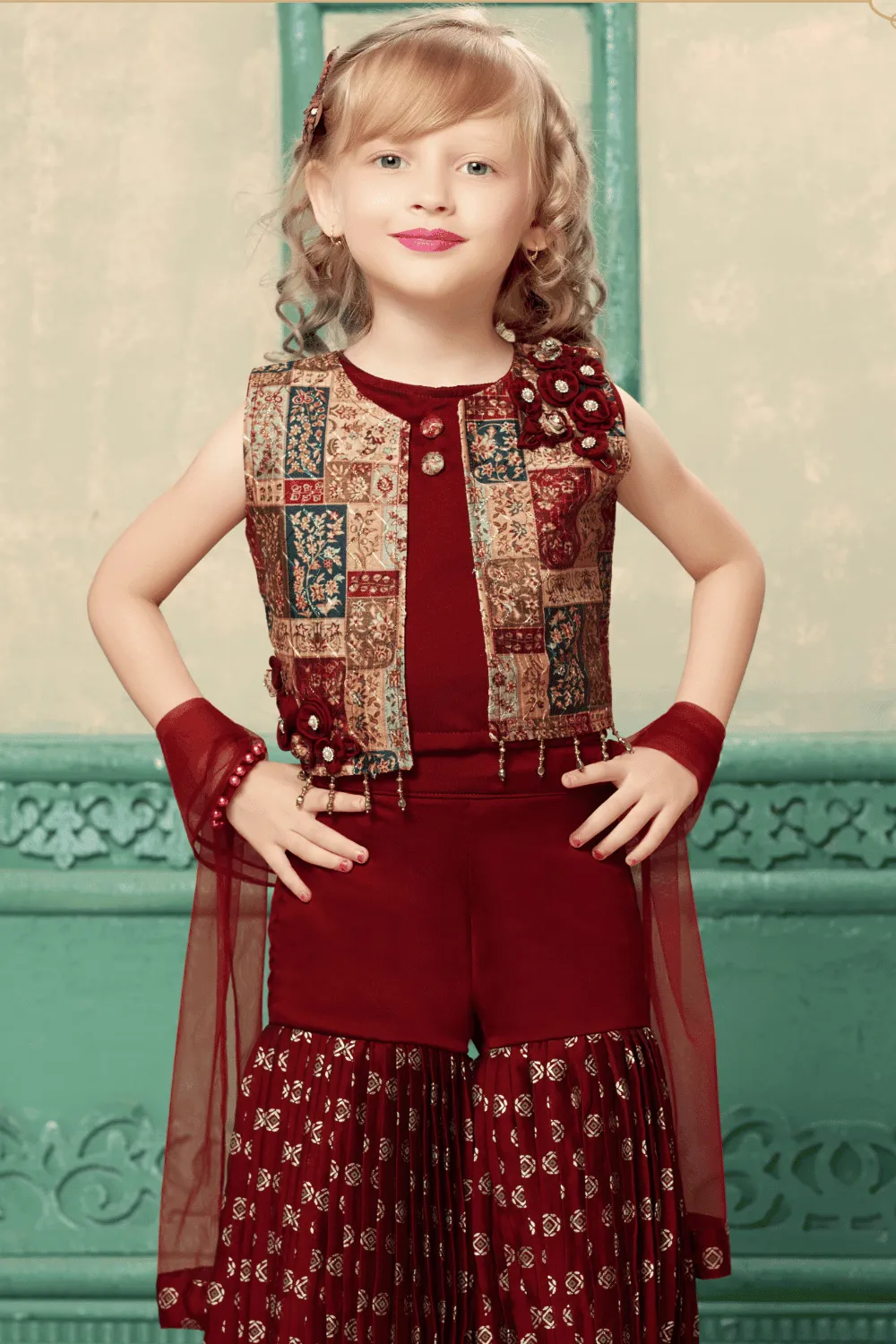 Maroon Zari and Beads work with Digital Print Overcoat Styled Sharara Set For Girls