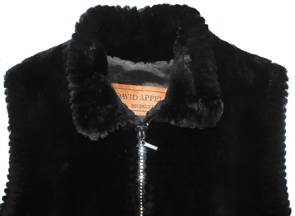 MEDIUM BLACK SHEARED BEAVER FUR VEST WITH SPARKLING CRYSTAL ZIPPER