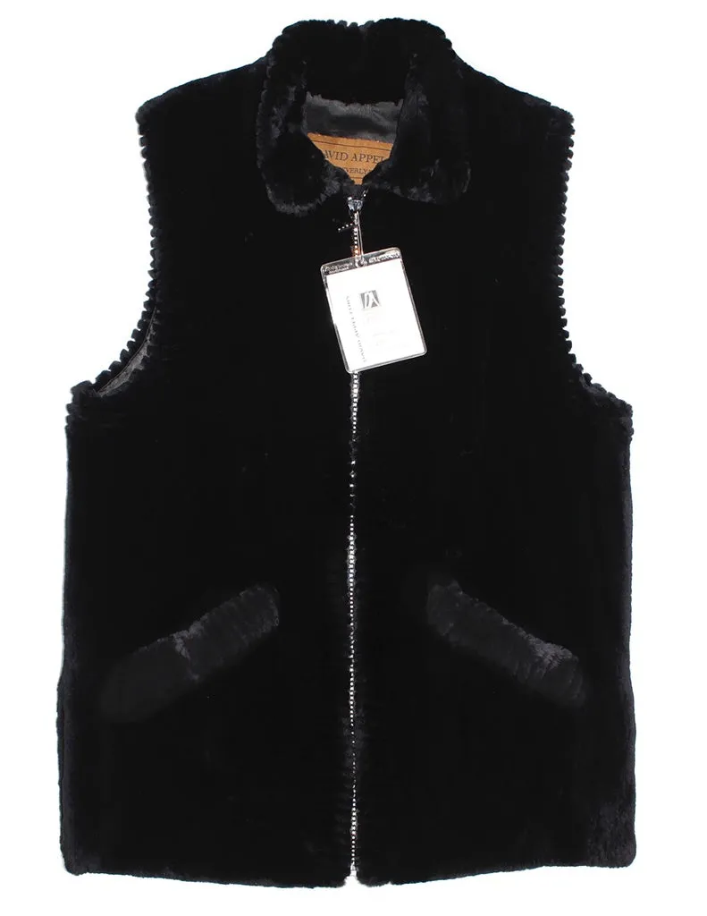 MEDIUM BLACK SHEARED BEAVER FUR VEST WITH SPARKLING CRYSTAL ZIPPER