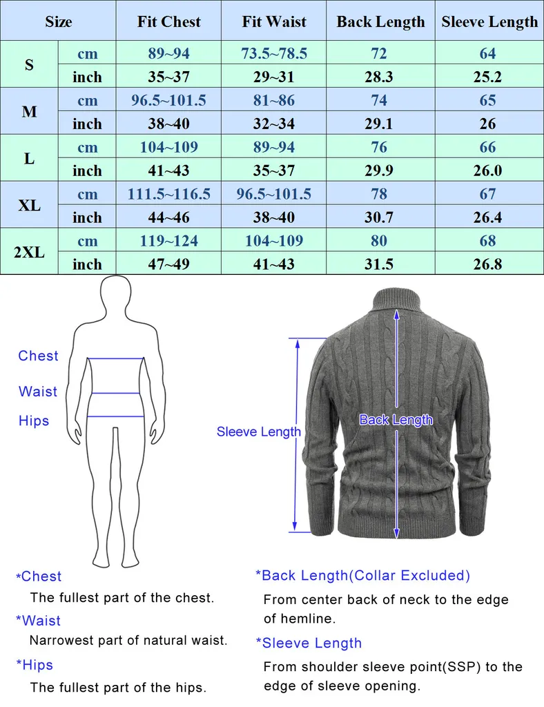 Men's Casual Turtleneck Sweaters Cable Knit Thermal Pullover Sweater