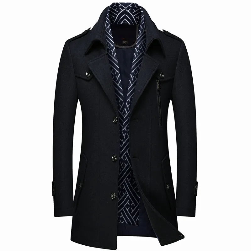 Men's Classic Slim-Fit Wool Coat With Scarf