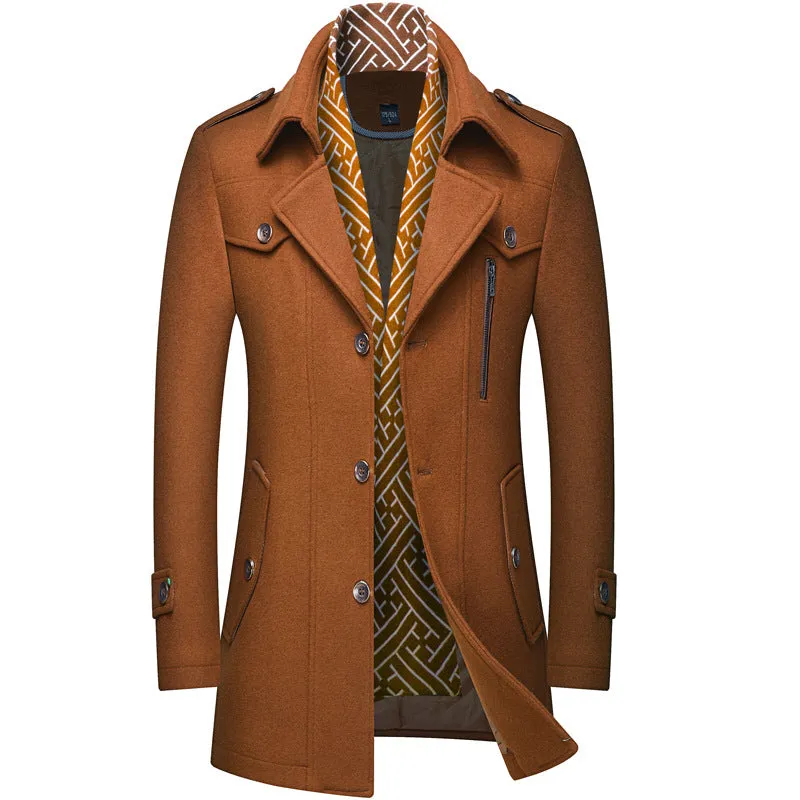 Men's Classic Slim-Fit Wool Coat With Scarf