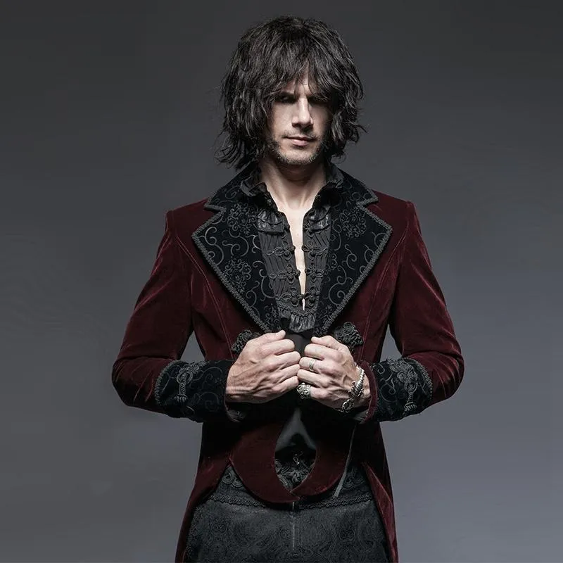 Men's Gothic Victorian Scissors Tail Velour Overcoat