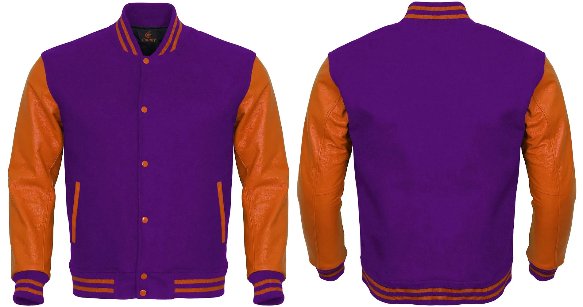 Mens Letterman Jacket Purple Body and Orange Leather Sleeves Varsity Jacket