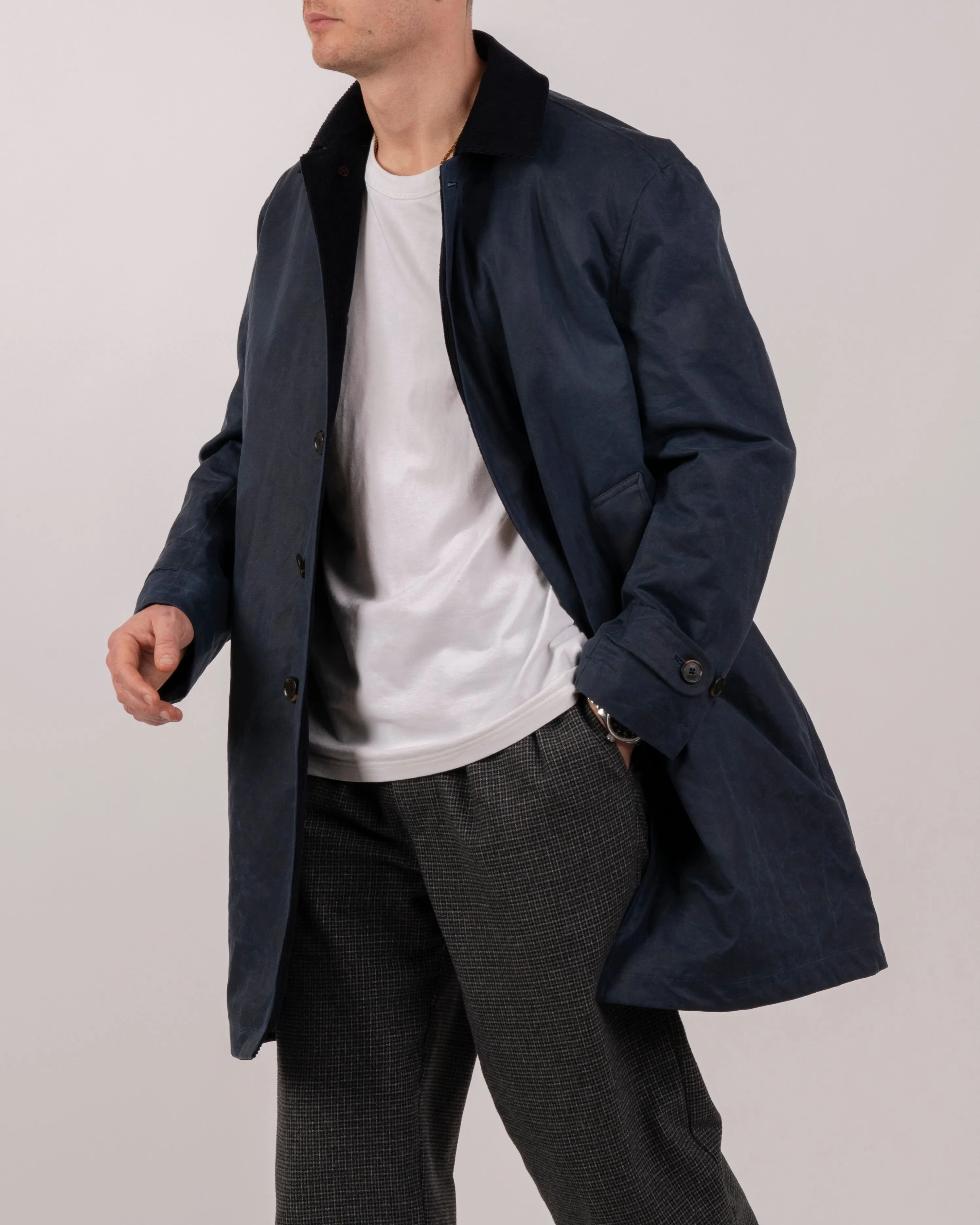 Mens Navy Waxed Canvas Overcoat