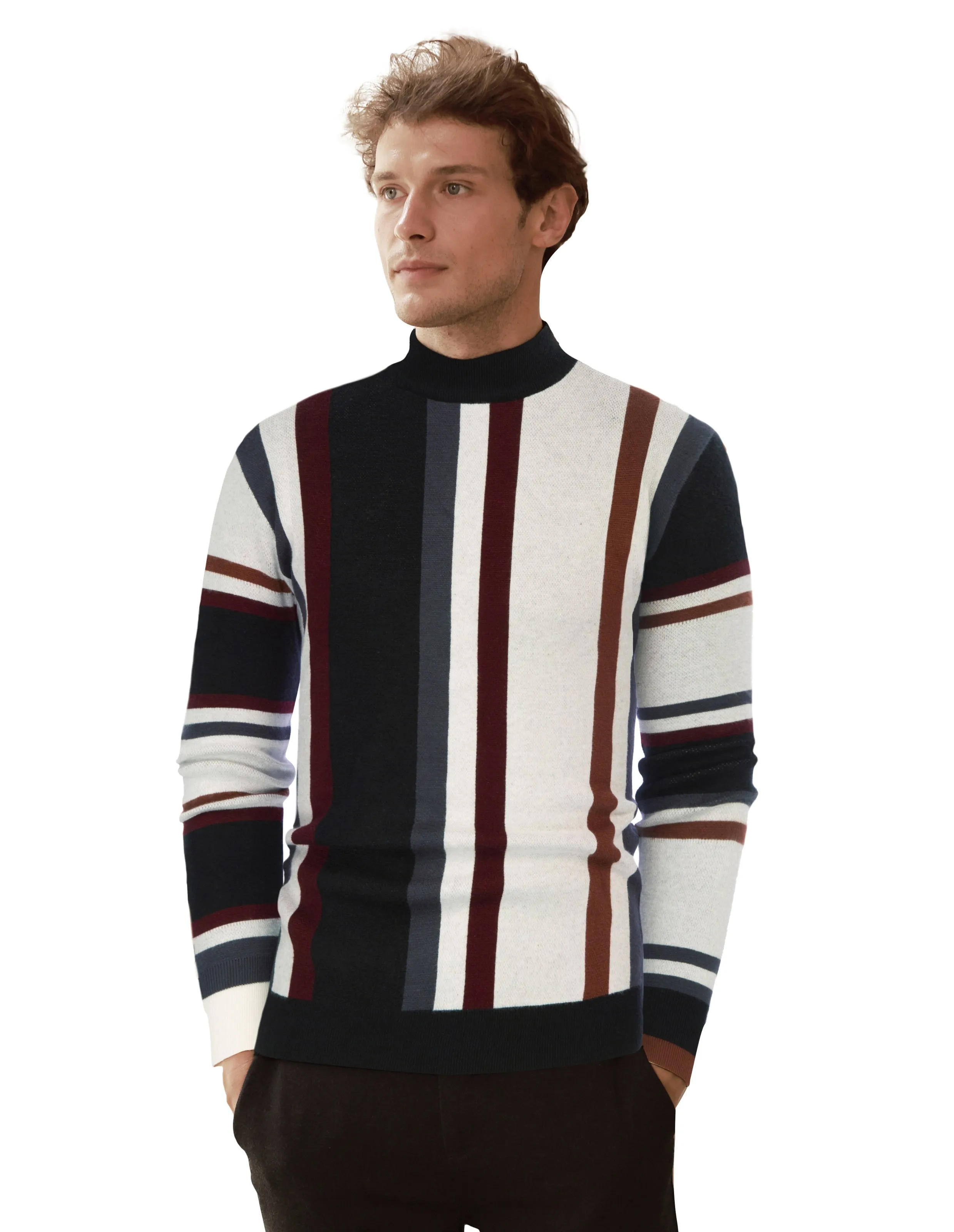 Mens Vintage Stripes Pullover Stand Collar Mockneck Jumper Sweater