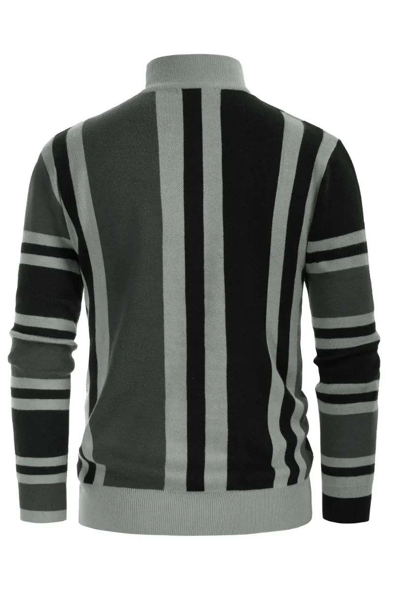 Mens Vintage Stripes Pullover Stand Collar Mockneck Jumper Sweater