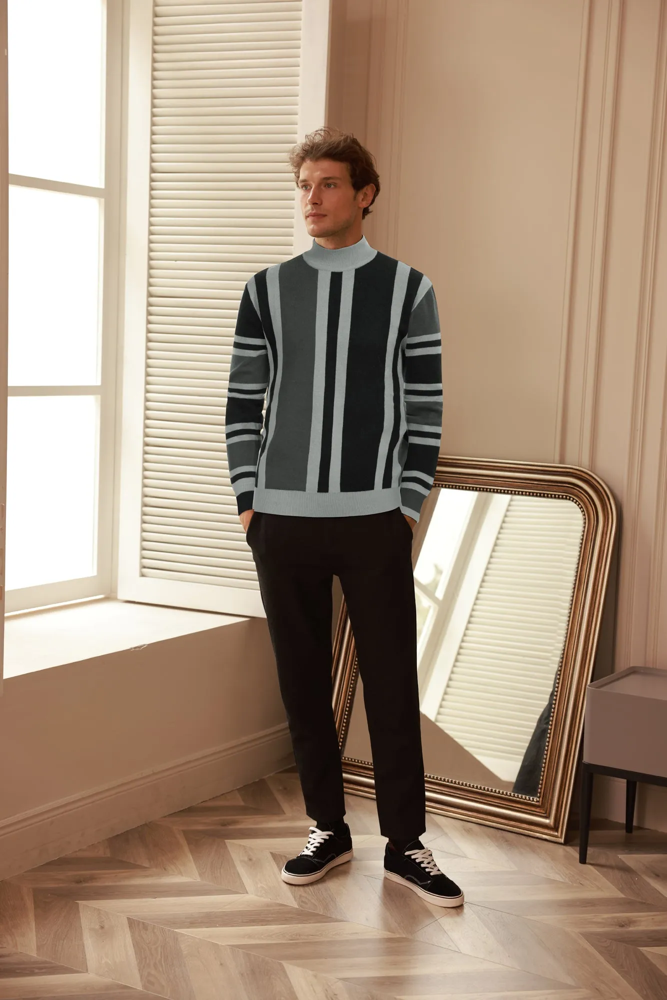 Mens Vintage Stripes Pullover Stand Collar Mockneck Jumper Sweater