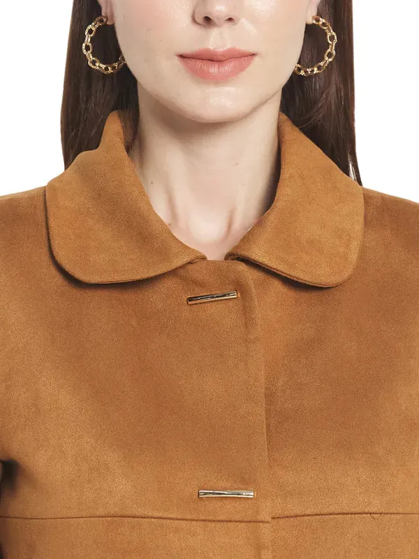 Mettle Women Brown Solid Cotton Overcoat