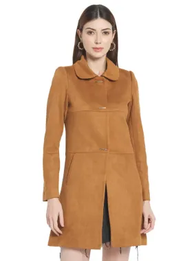 Mettle Women Brown Solid Cotton Overcoat