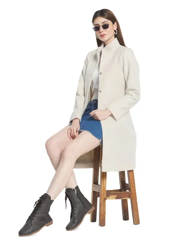 Mettle Women Cream-Colored Solid Cotton Overcoat