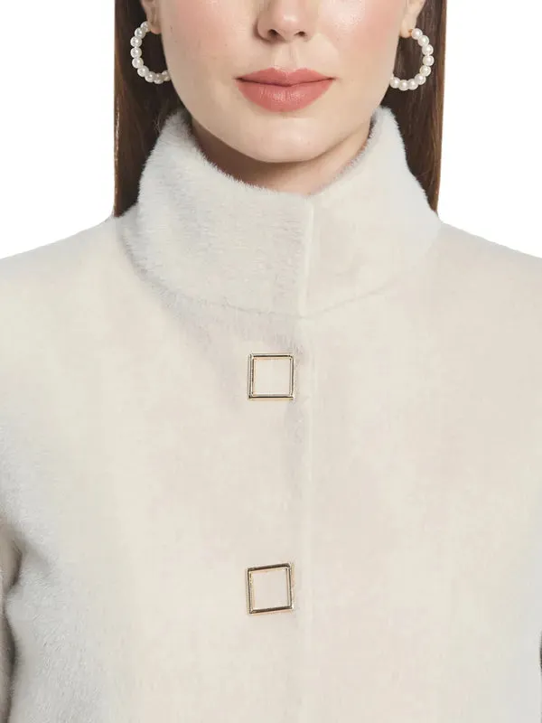 Mettle Women Cream-Colored Solid Cotton Overcoat