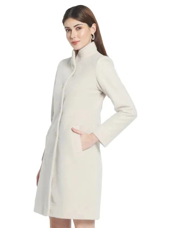 Mettle Women Cream-Colored Solid Cotton Overcoat