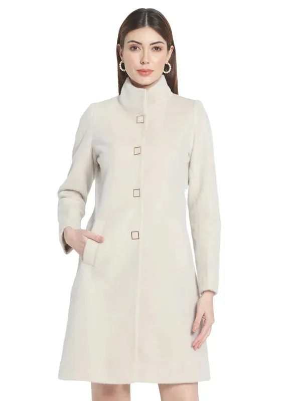 Mettle Women Cream-Colored Solid Cotton Overcoat