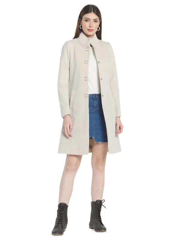 Mettle Women Cream-Colored Solid Cotton Overcoat