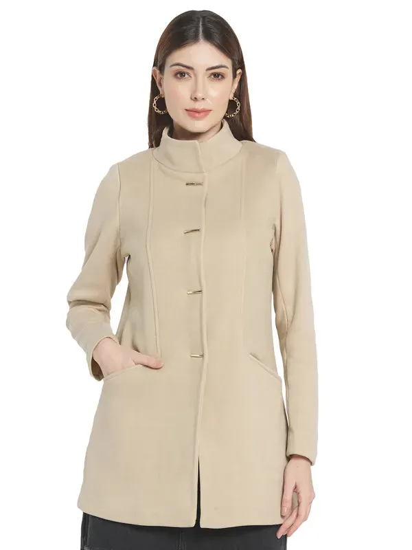 Mettle Women Cream Solid Cotton Overcoat