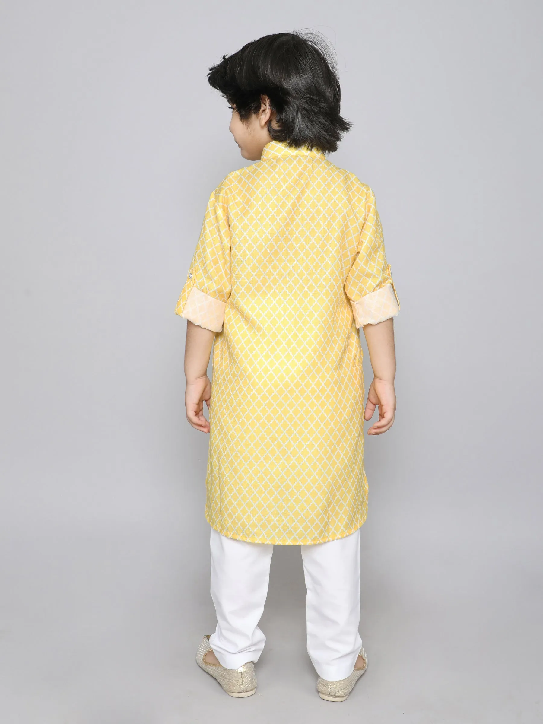 Ministitch cotton Kurta set with geometrical print- Yellow