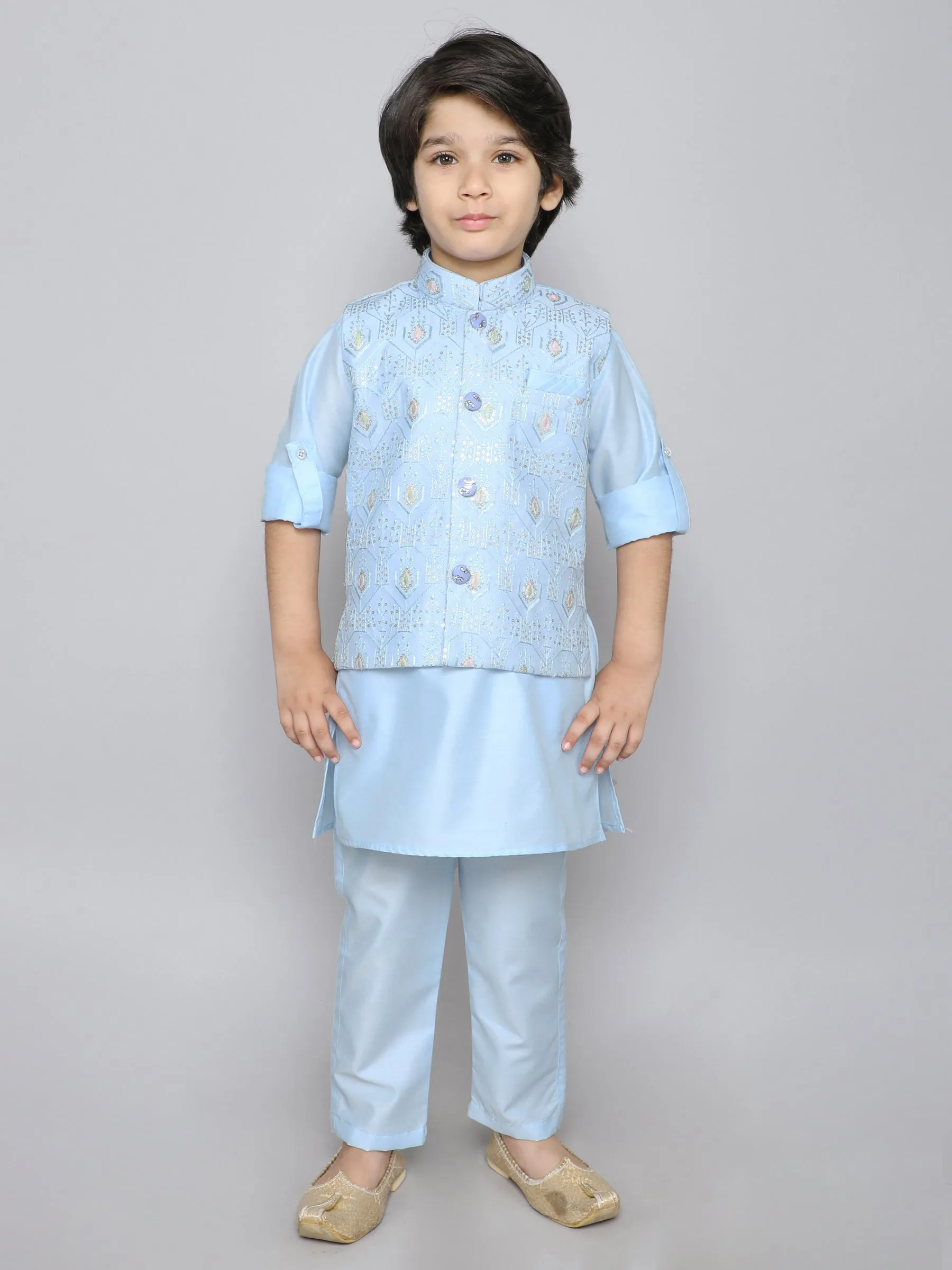 Ministitch Kurta set with embriodered button up jacket- Blue