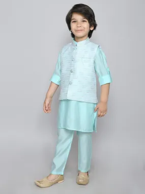 Ministitch Kurta set with embriodered button up jacket- Blue