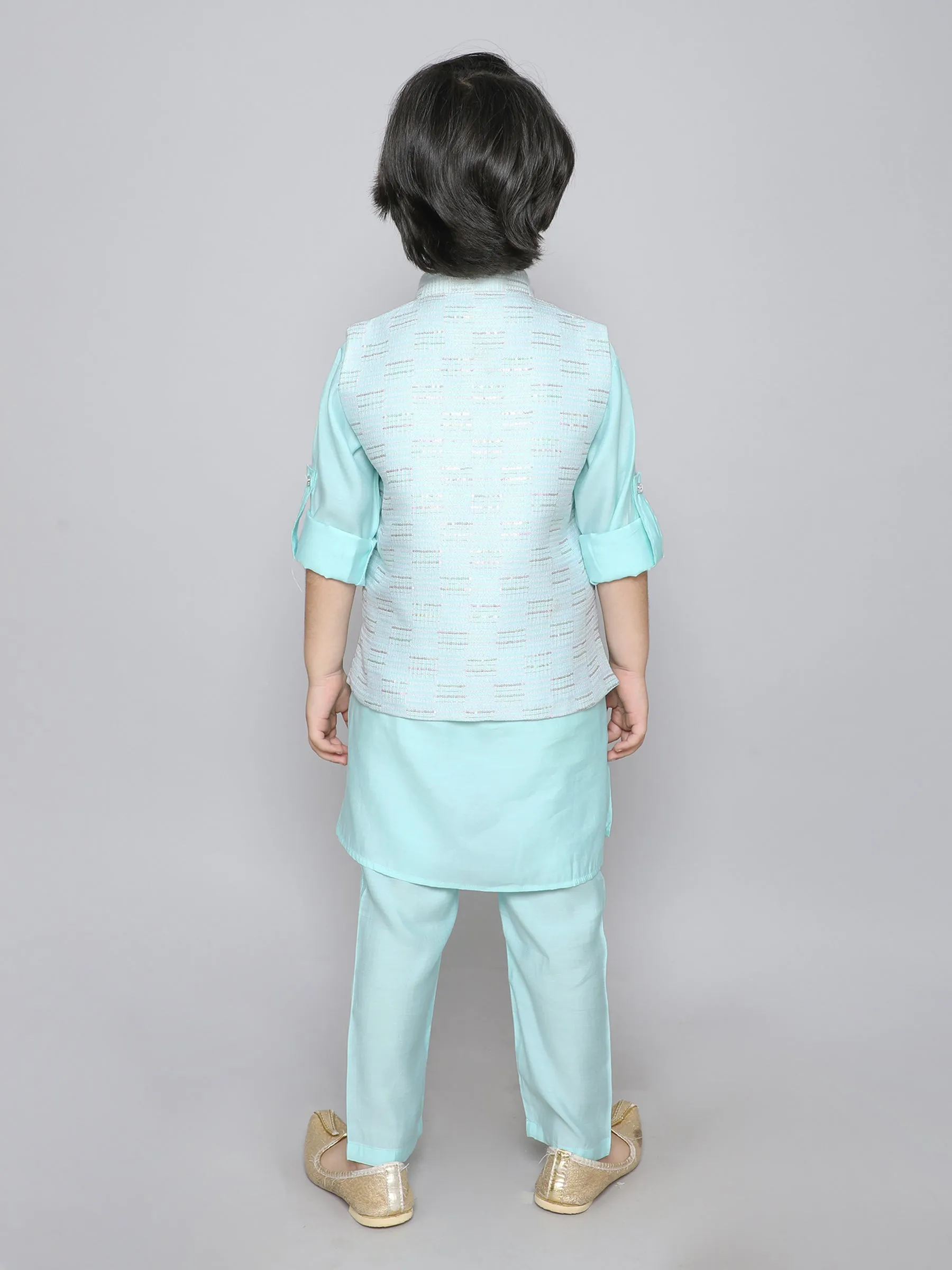 Ministitch Kurta set with embriodered button up jacket- Blue