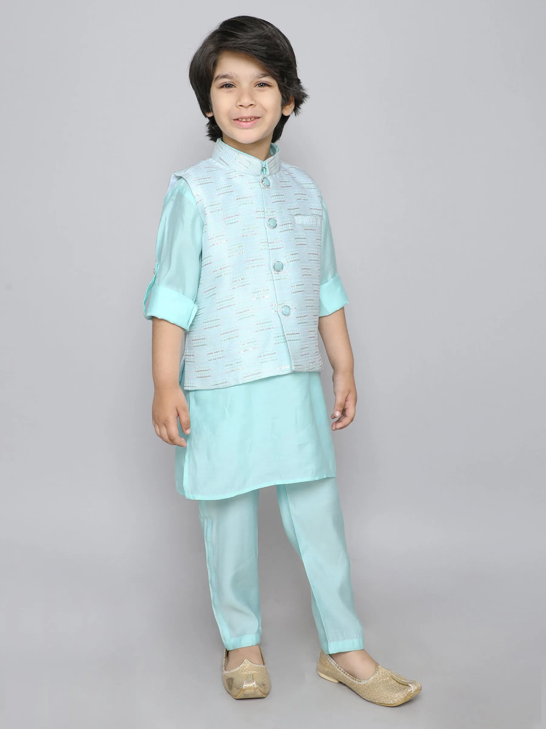 Ministitch Kurta set with embriodered button up jacket- Blue