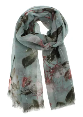 Mint Green Large Floral Print Scarf with Sequin Trail