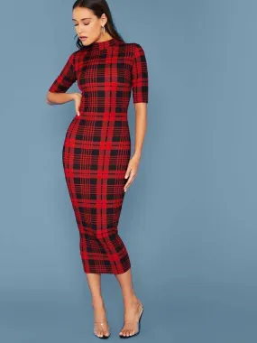 Mock Neck Slit Hem Tartan Bodycon Dress Without Belt