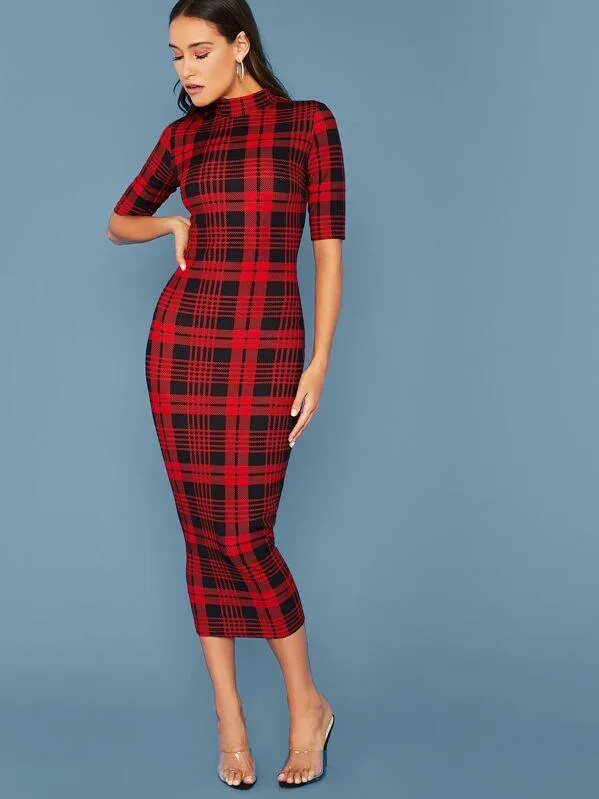 Mock Neck Slit Hem Tartan Bodycon Dress Without Belt