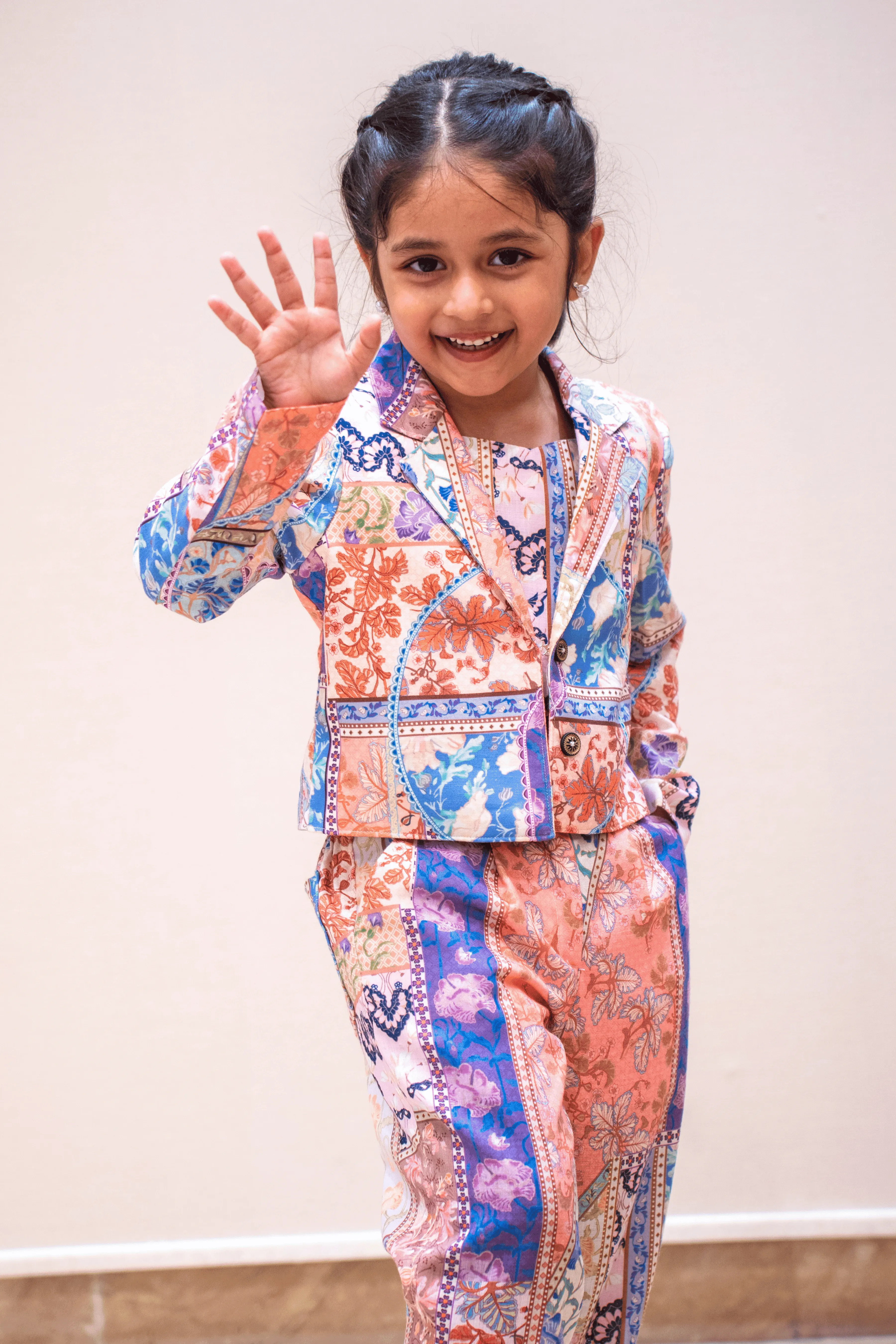 Multicolor Digital Print Overcoat Styled Co-ord Set for Girls