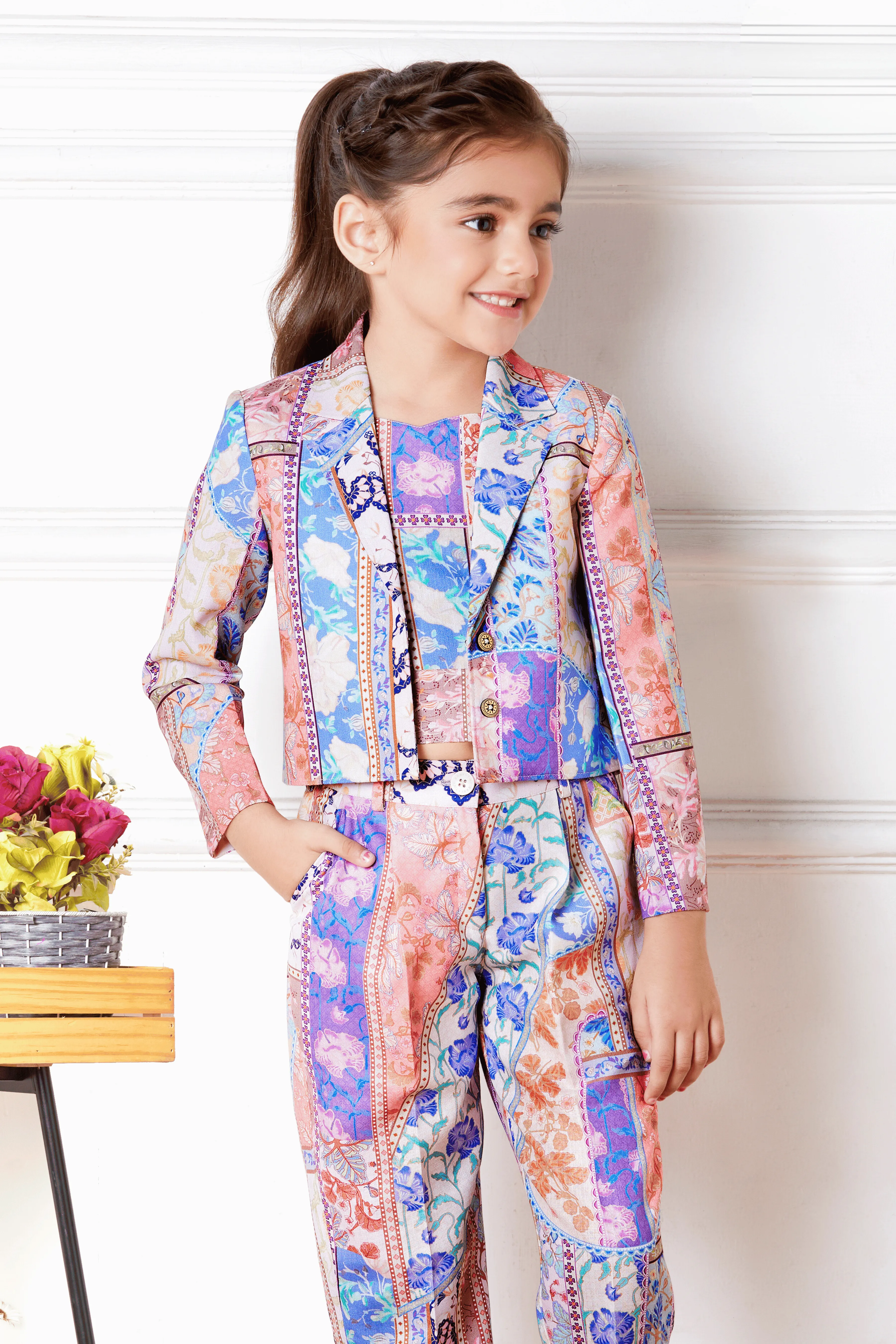 Multicolor Digital Print Overcoat Styled Co-ord Set for Girls