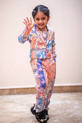 Multicolor Digital Print Overcoat Styled Co-ord Set for Girls