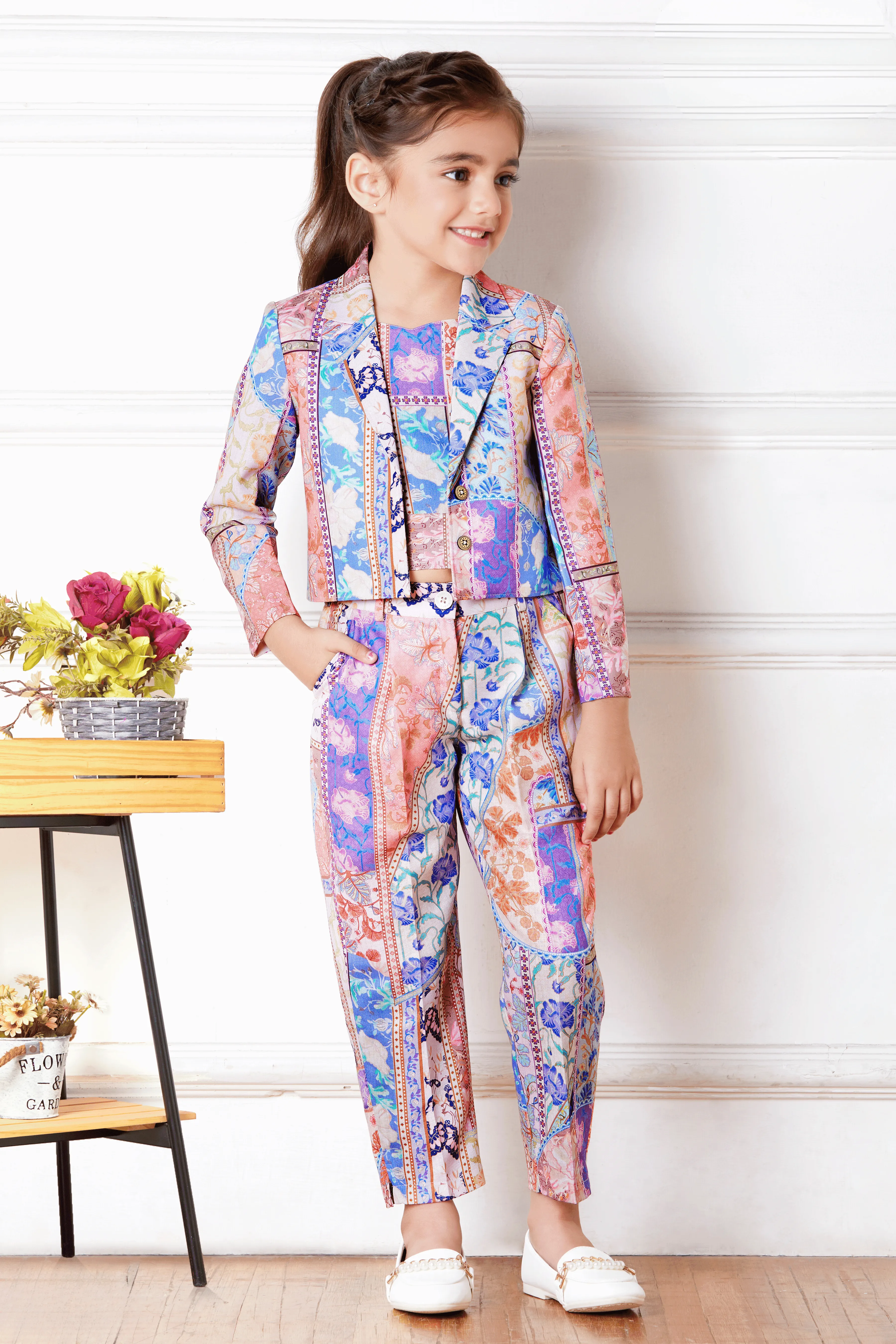 Multicolor Digital Print Overcoat Styled Co-ord Set for Girls