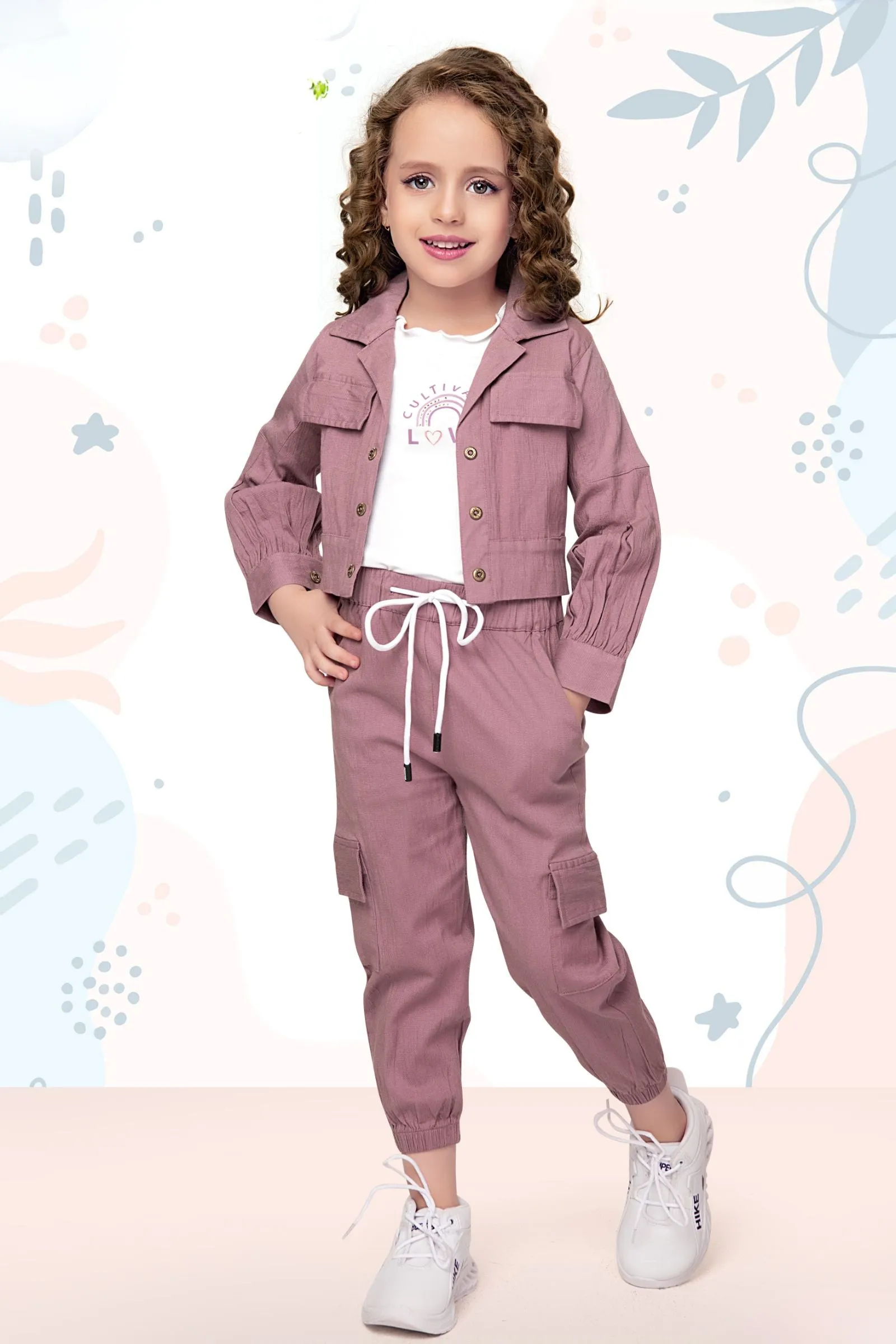 Onion Pink with White Overcoat Styled Top and Pant Set for Girls